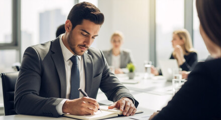 A man in a business suit takes notes in a notepad during a meeting in a modern office with bright natural light, business process and concentration