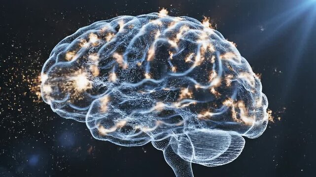 Glowing 3D holographic human brain made of light particles neural connections 4K
