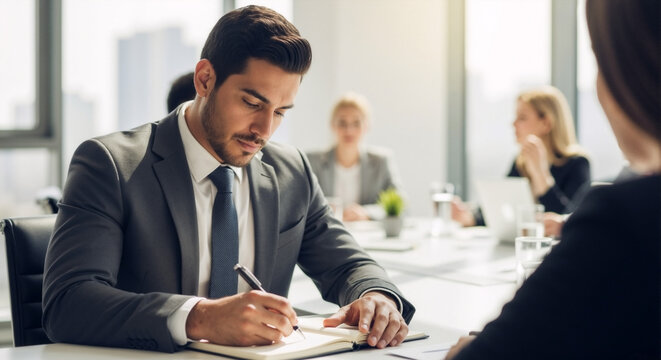 A man in a business suit takes notes in a notepad during a meeting in a modern office with bright natural light, business process and concentration - Powered by Adobe