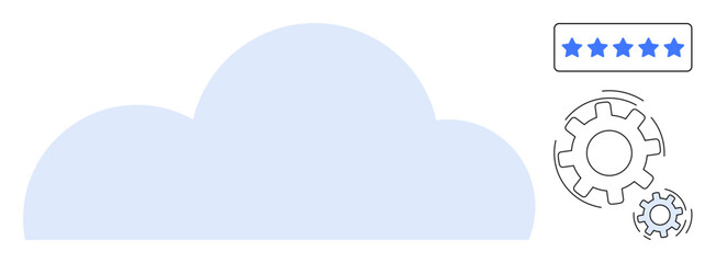 Cloud, cogs interlocked in process, rating bar indicating high quality. Ideal for cloud computing, service review, optimization, efficiency, SaaS, digital transformation simple flat metaphor