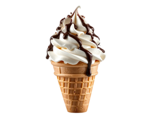 A swirl of soft-serve ice cream in a waffle cone, drizzled with dark chocolate