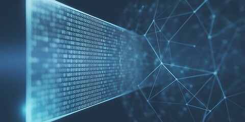 Abstract digital data stream of binary code merging with a geometric network technology