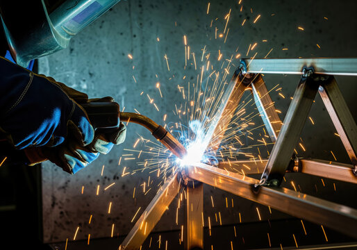 Welding metal structure with protective gear and sparks