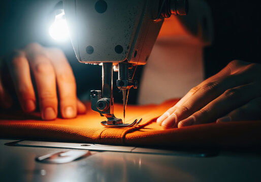 Hands sewing fabric with industrial sewing machine