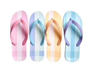 Four pastel-colored flip-flops side-by-side, with checkered patterns, isolated on black