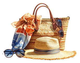 Watercolor depiction of summer essentials bag, hat, sunglasses, and towel
