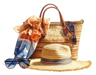 Watercolor depiction of summer essentials bag, hat, sunglasses, and towel