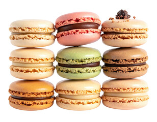 Close-up of colorful, stacked macarons with various fillings