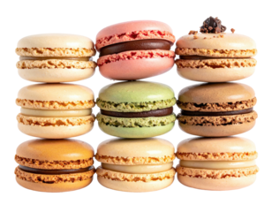 Close-up of colorful, stacked macarons with various fillings