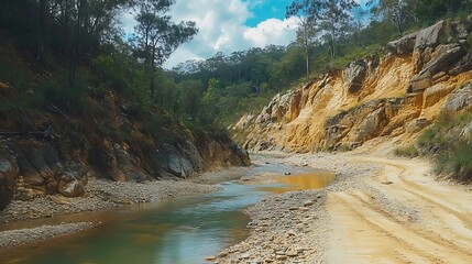 Offroad adventure navigating a rocky riverbed in a remote landscape with lush vegetation and blue sky