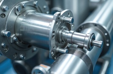 Close up metallic industrial machine part. Stainless steel extruder mechanism for manufacturing pet food production. Automated screw press shapes kibble.