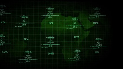 Green Grid with World Map Overlay and Percentage Data globe earth with Code Snippets animation. Animated green grid earth with code snippets and data percentages, perfect for tech, programming . - Powered by Adobe
