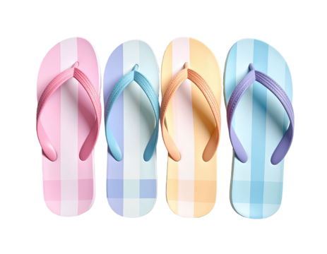 Four pastel-colored flip-flops side-by-side, with checkered patterns, isolated on black