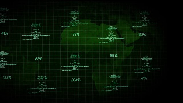 Green Grid with World Map Overlay and Percentage Data globe earth with Code Snippets animation. Animated green grid earth with code snippets and data percentages, perfect for tech, programming .