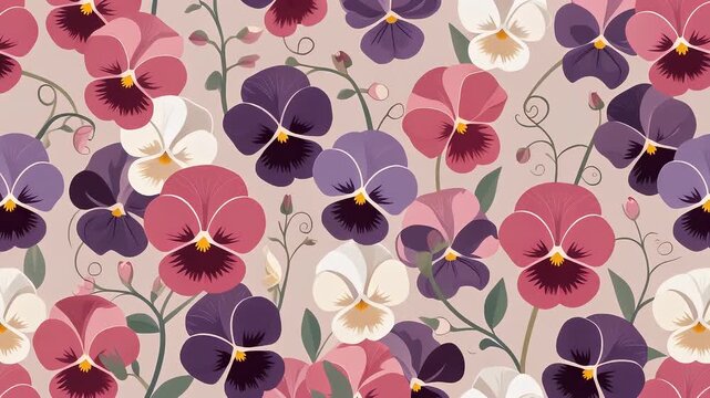 Elegant seamless pattern featuring vibrant pansy flowers in shades of purple and pink, perfect for textile design, wallpaper, or digital backgrounds, evoking a sense of spring beauty and natural charm