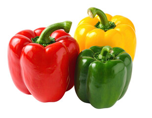 Three vibrantly colored bell peppers isolated on a black background, fresh
