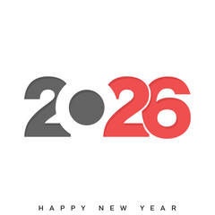 Modern Happy New Year 2026 logo with red and black split. Vector