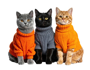 Three dressed cats in sweaters, of gray, black, and orange, posing together