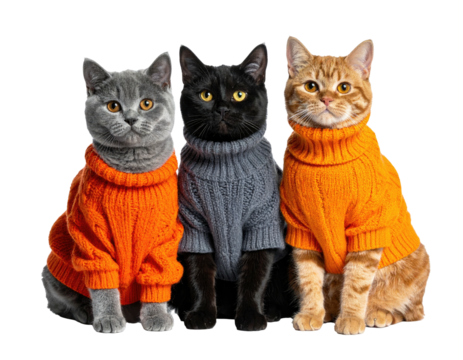 Three dressed cats in sweaters, of gray, black, and orange, posing together