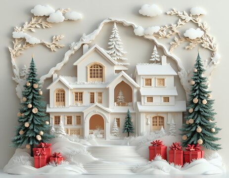 New home for christmas with decorated tree and presents featuring cardboard relocation boxes christmas tree tree papercut christmas paper vector background design merry