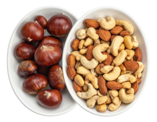 Two white bowls filled with different nuts on a black background