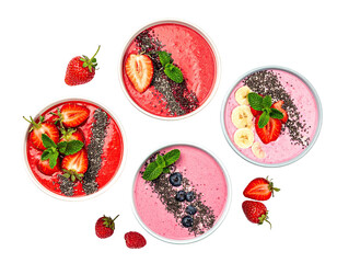 Four vibrant smoothie bowls filled with blended fruits, berries, chia seeds, & mint
