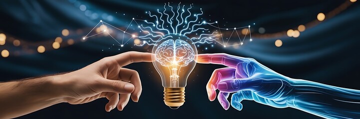 Human and AI fingers touch a glowing brain in a lightbulb with electrical connections