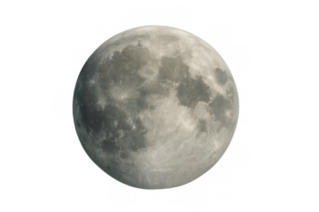 Full moon against a transparent background showing its entire spherical shape and detailed cratered surface