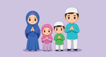 A Muslim Family of Four Dressed in Traditional Islamic Attire Posing Together.
