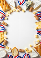 Fototapeta premium Baguette slices, cheese, tricolor ribbons, and wine corks for Bastille Day celebration 