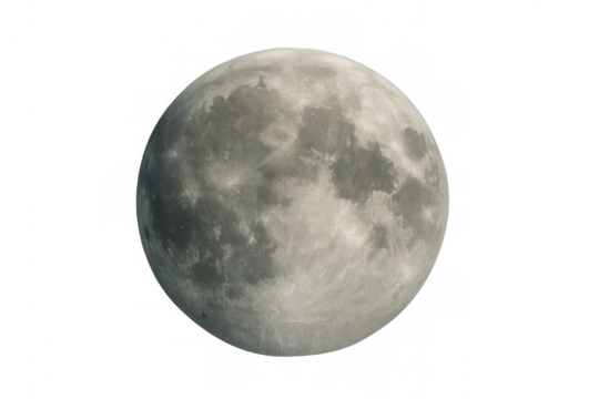 Full moon against a transparent background showing its entire spherical shape and detailed cratered surface
