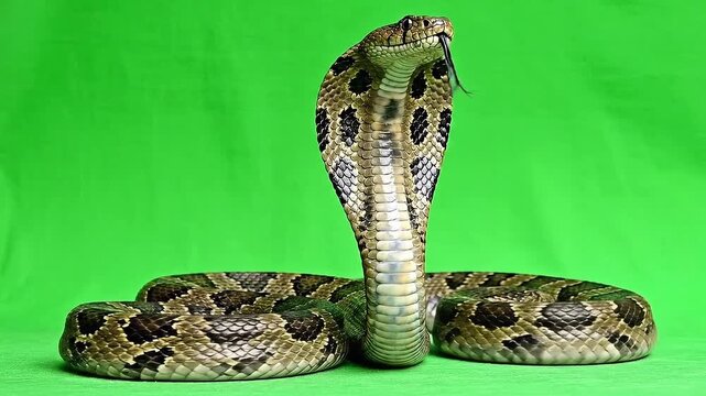 Majestic Cobra Snake with Hood Expanded in Defensive Stance Against a Vibrant Green Screen Background Displaying Intricate Scale Patterns and a Forked Tongue Flicking