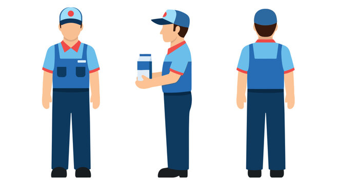 A simple flat vector of three milk delivery drivers full body front view, full body side view, and full body back view.