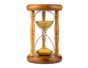 Classic wooden hourglass with golden sand flowing inside, isolated on black
