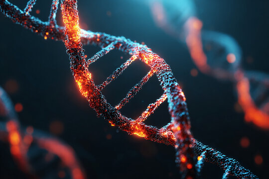 Abstract representation of a glowing DNA helix with vibrant orange and blue particles symbolizing genetic research and biotechnology