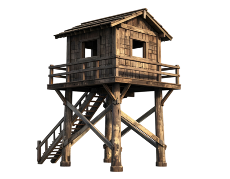 Aged wooden lookout tower with a small cabin, staircase, and open windows, set alone