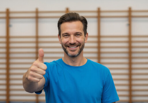 Happy man showing thumbs up in a gym. Positive fitness coach smiling after a successful workout