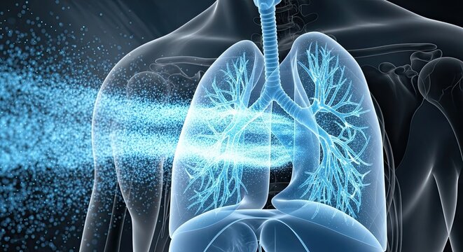 Medical illustration of air particles entering the human respiratory system.