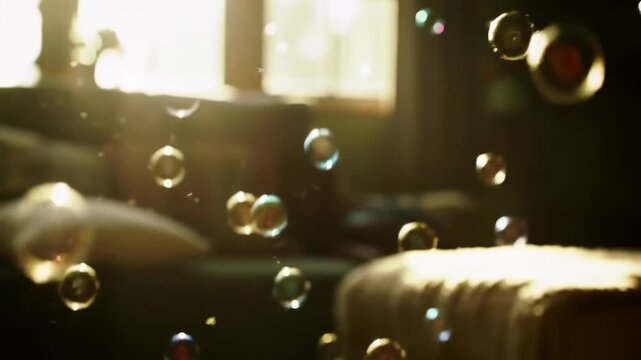 Bubbles float in dark room, sunlight streams through window, creating bokeh effect on iridescent orbs