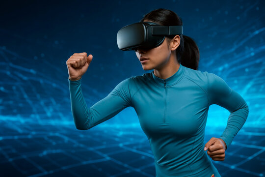 A woman in blue sportswear uses virtual glasses against a digital abstract background, active lifestyle, innovation and technology