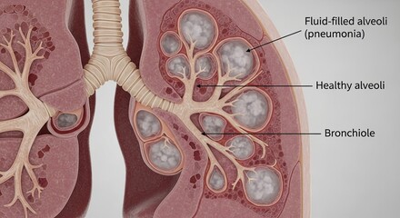 Pneumonia Affected Lung Alveoli and Bronchiole Medical Illustration.