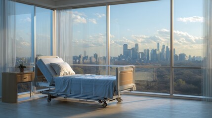 Modern hospital room with a comforting view, featuring a hospital bed and city skyline.
