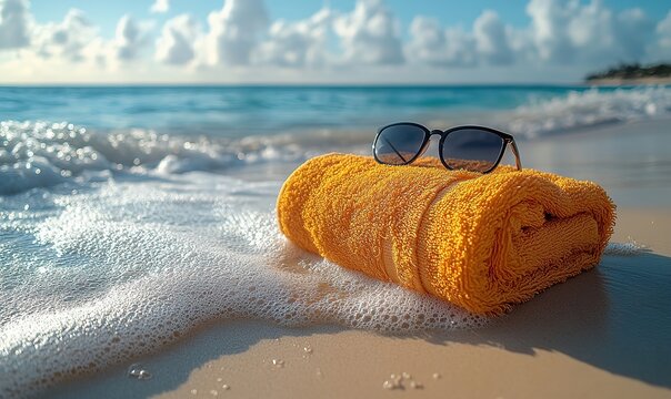 Orange towel and sunglasses on sandy beach with ocean waves - Powered by Adobe