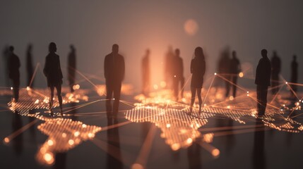 Silhouetted figures stand on a glowing world map, representing global connectivity and modern business interactions.