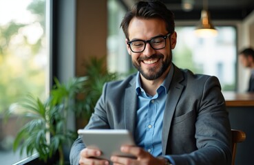 Fototapeta premium Smiling man in suit uses tablet computer inside cafe. Businessman works on digital device with plants and window blur background. Confident person checks mobile tech.