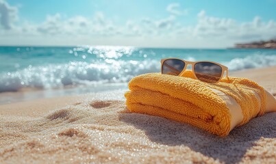 Sunny beach day: yellow towel, sunglasses on sand, ocean waves.