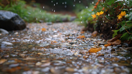 Fototapeta premium Rainy Pebble Path with Yellow Flowers, Fresh Natural Rain Scene for Web Backgrounds, Poster Design and Outdoor Settings