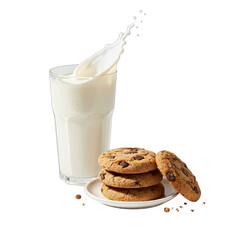 Glass of Milk with Chocolate Chip Cookies Splash Milk in motion on a white plate with crumbs against a transparent background