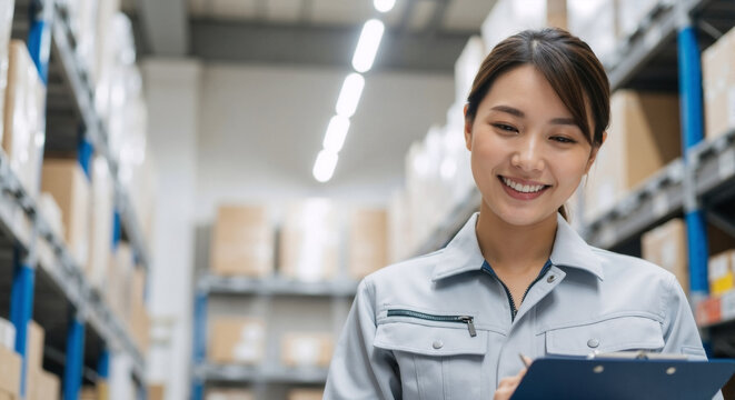 Smiling Asian female worker — clipboard in hand, warehouse setting, logistics manager checking inventory