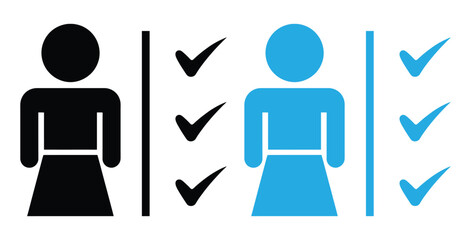 Compare female icons with checkmarks for positive attributes,WC room icon. Disabled silhouette. Male and female unisex toilet. Handicapped symbol. Bathroom sign isolated.